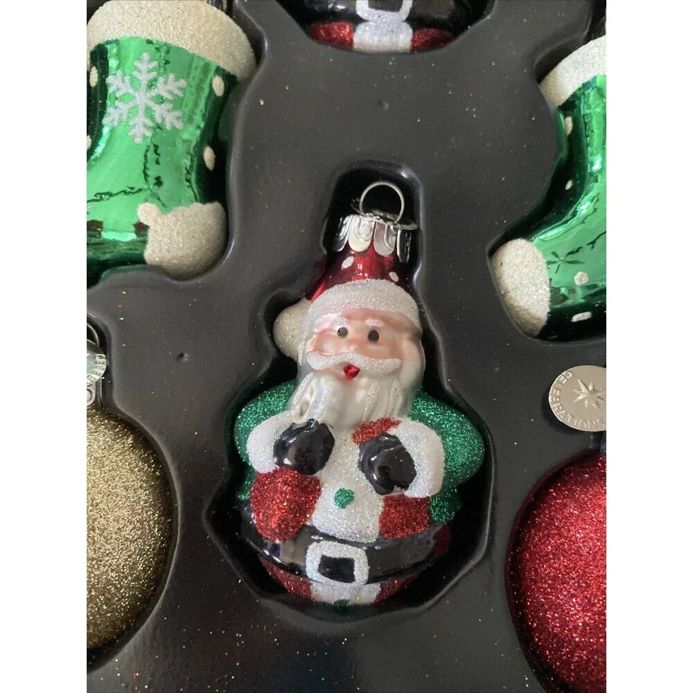 8 Celebrations by RADKO Glass Christmas Tree Ornaments Santa Claus Stocking Ball